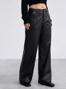Dazy Plus Solid Color Casual Straight Leg Pants Blogger Style PU Leather Long Black Spring Autumn Winter New Wide Leg Trousers - Black - View 2