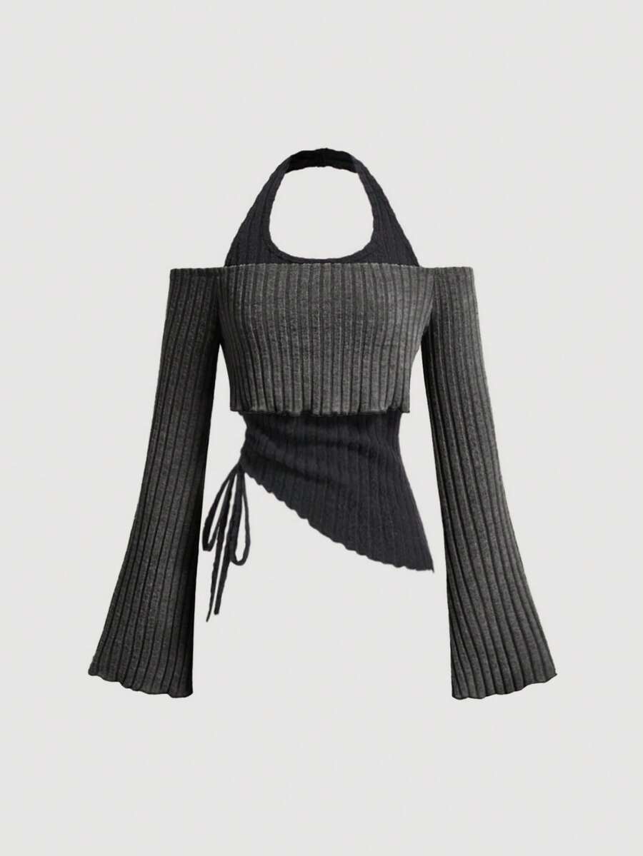 SHEIN MOD Asymmetrical Hem Drawstring Waist Flared Sleeve 2 In 1 T-Shirt