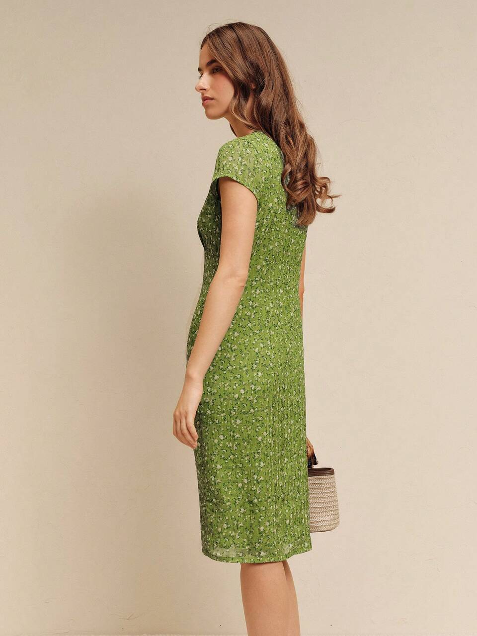 Vintage grünes strukturiertes Blumen-Midi-Kleid mit Knopfverschluss vorne und V-Ausschnitt, elegantes Sommerurlaubskleid