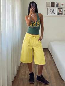 SHEIN Unity Women's Vintage Streetwear Casual Solid Color Pocket Loose Denim Capris Travel Yellow Summer - Yellow - View 1