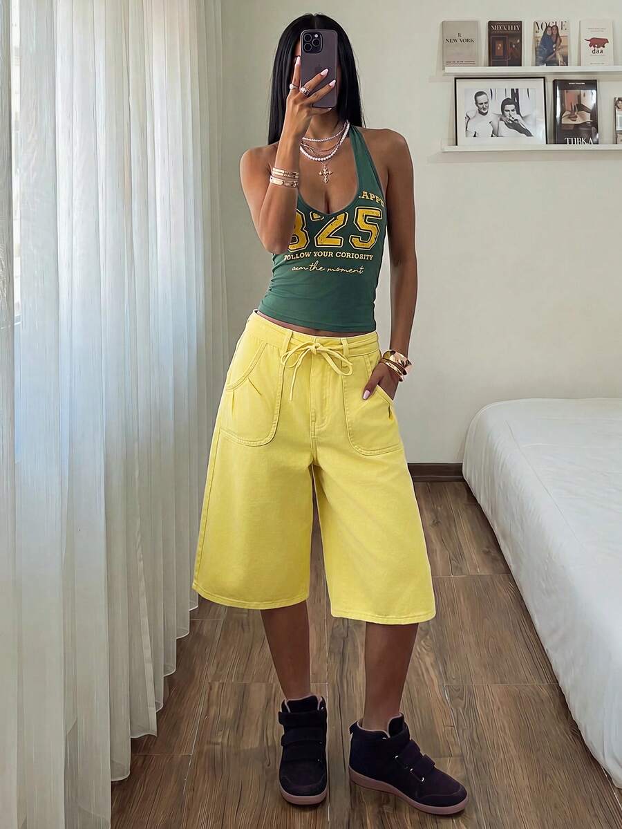 SHEIN Unity Women's Vintage Streetwear Casual Solid Color Pocket Loose Denim Capris Travel Yellow Summer - Yellow - View 1