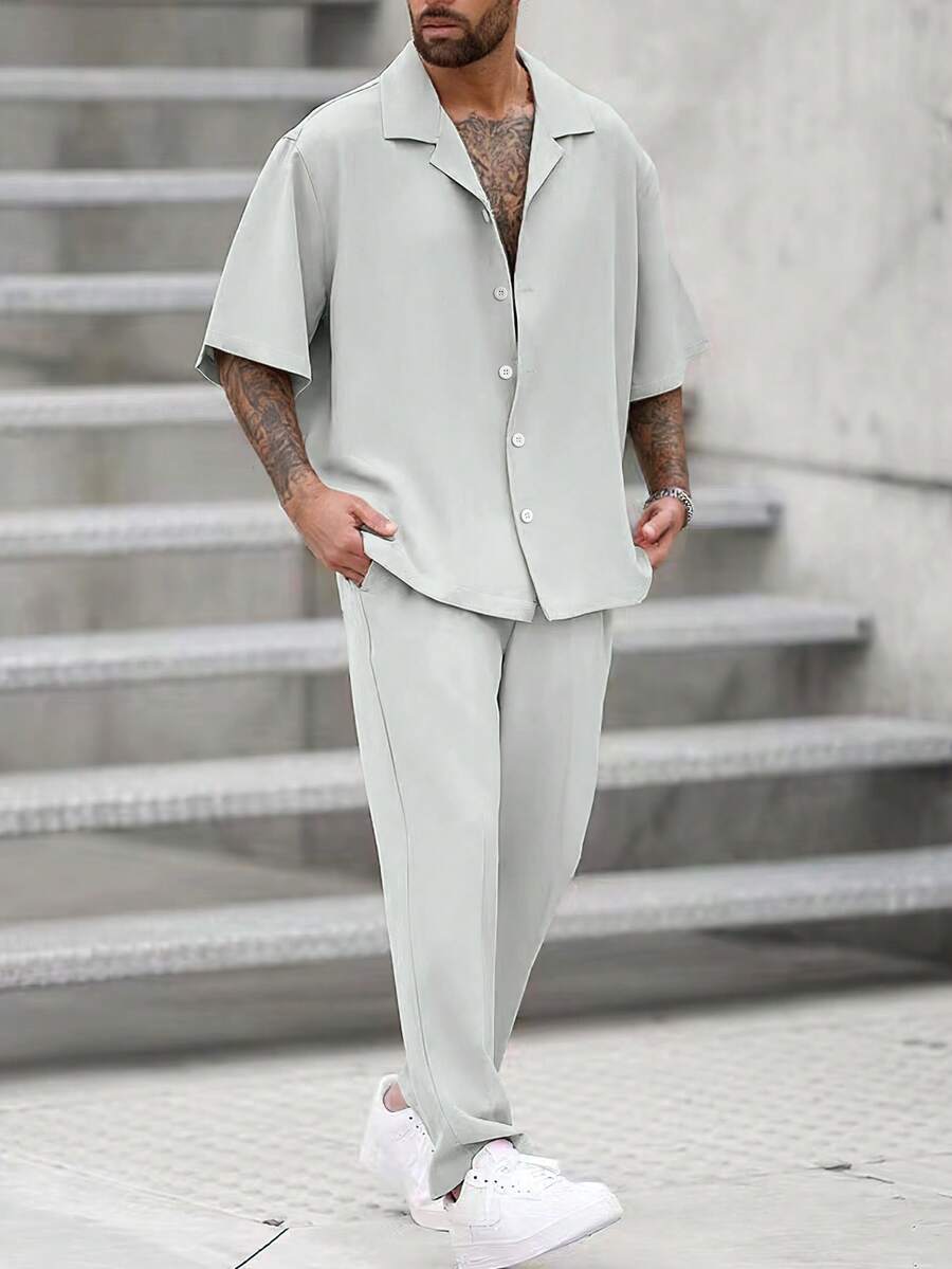Manfinity Homme Men's Plus Size Solid Color Cuban Collar Shirt + Drawstring Elastic Waist Long Pants Set, Men's Casual Set - Light Grey - View 1