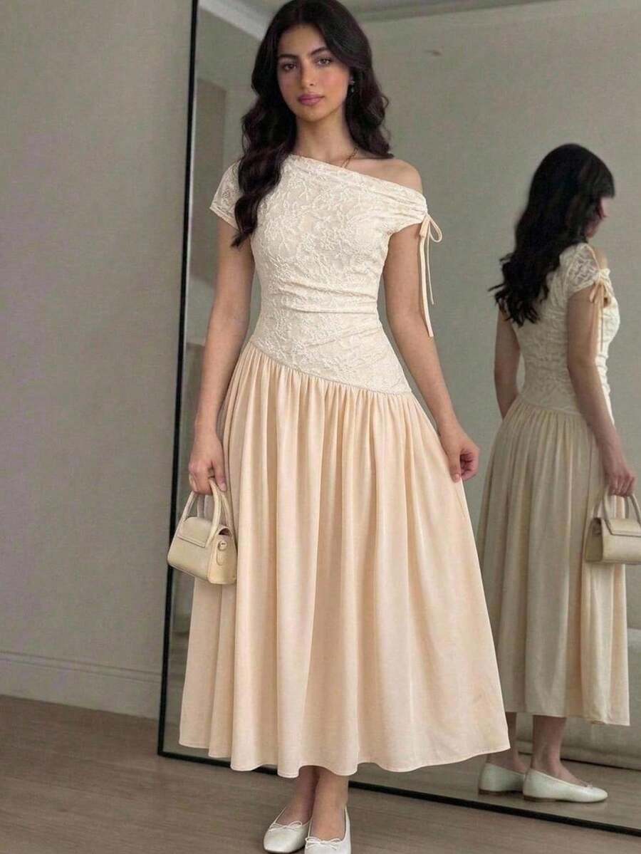 SHEIN 青少年女孩休閒日常百搭舒適不對稱肩拼接撞色洋裝 - 杏色 - 查看 1