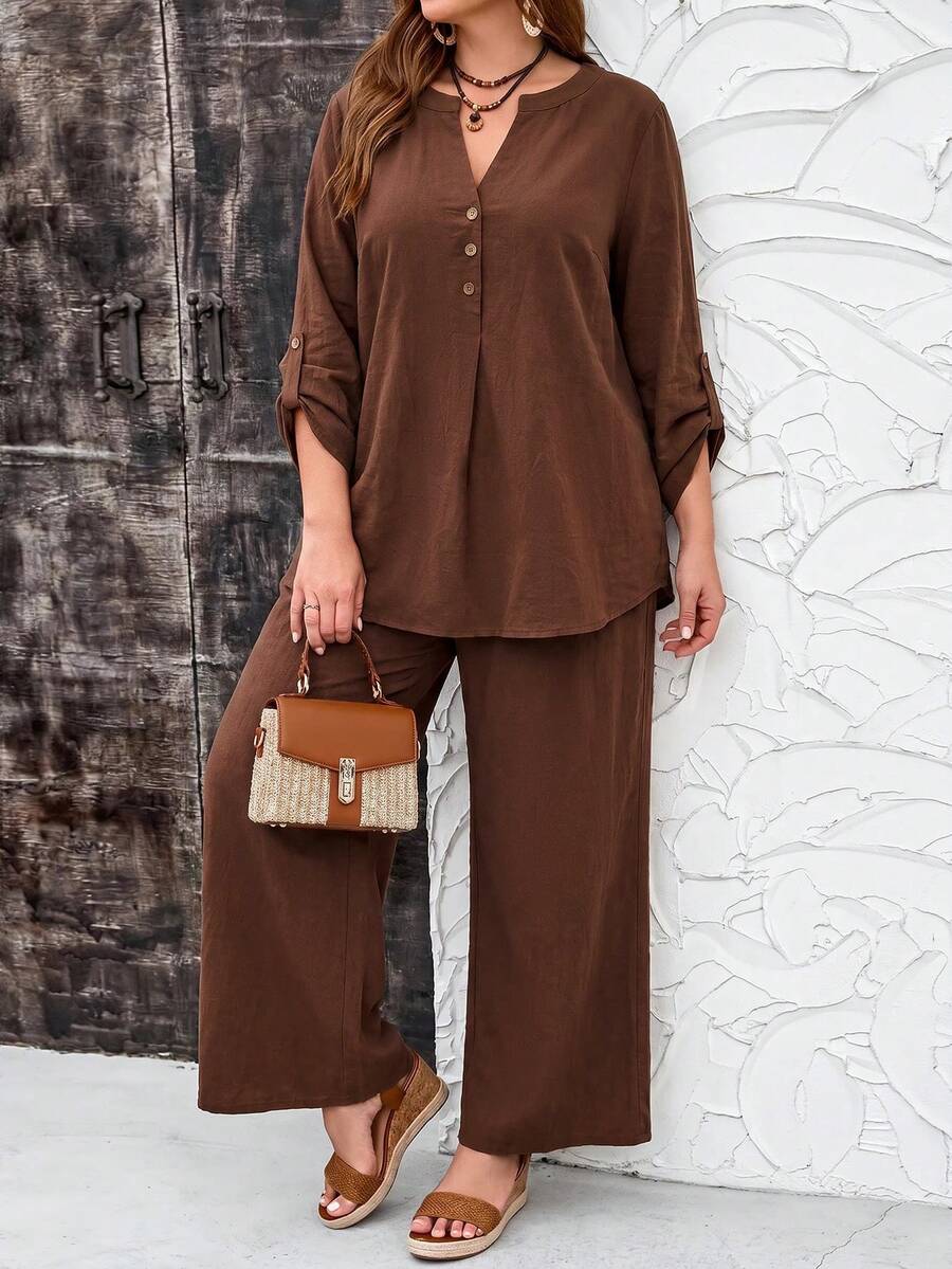 EMERY ROSE 2pc Set Plus Size Women's Autumn/Winter Casual Vacation Country Solid Brown Long Sleeve Shirt And Pants 2 Pieces Set,Going Out Outfits,Fall,Concert - Brown - View 1