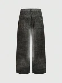 ROMWE MEN Street Life Men's Tiger Rhinestone Embossed Distressed Straight Leg Jeans - Black - View 2