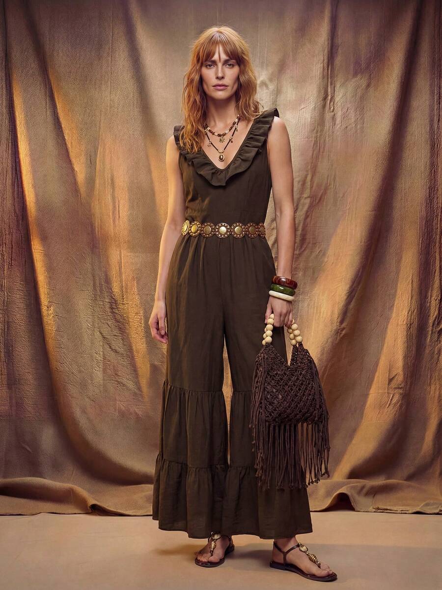 Fembélia Women's Solid Color Patchwork Ruffle Wide Leg Sleeveless Jumpsuit - Brown - View 1