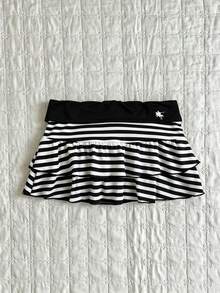 SHEIN Unity Women's Summer Sexy Mini Striped Fashion Versatile Casual Skirt, Suitable For College Style, Vacation - Black and White - View 1