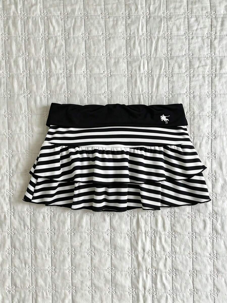 SHEIN Unity Women's Summer Sexy Mini Striped Fashion Versatile Casual Skirt, Suitable For College Style, Vacation - Black and White - View 1