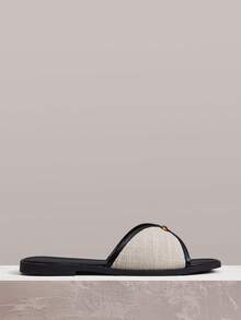 Styleloop Sandalias de punta cuadrada con combinación de colores retro para mujer, de lino, transpirables, estilo holgado, pantuflas de arrastre para vacaciones en verano - Negro - Ver 2