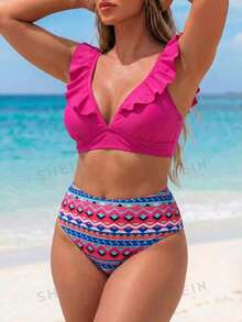 Swim Lushoire Plus Size Women Summer Vacation Ruffle Trim Tankini Top And Printed Triangle Bottoms 2 Pieces Swimwear - Hot Pink - View 3