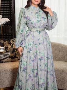 Modelyn 大码女式印花褶皱腰身优雅派对连衣裙 - 藍色 - 查看 3