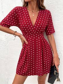 SHEIN 女款 V 領波點百褶休閒約會旅行洋裝 - 紅色 - 查看 6