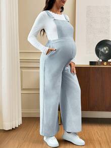 SHEIN Maternity Striped Pocket Design Casual Overalls Fall - Blue - View 5