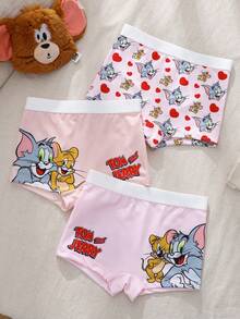 TOM & JERRY X SHEIN Calzoncillos tipo boyshorts casuales cómodos y lindos con estampado de dibujos animados y bloques de color para niña joven - Rosa Pálido - Ver 1