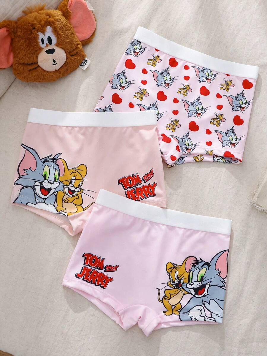 TOM & JERRY X SHEIN Calzoncillos tipo boyshorts casuales cómodos y lindos con estampado de dibujos animados y bloques de color para niña joven - Rosa Pálido - Ver 1