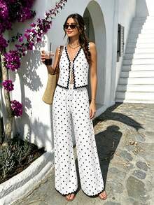 Cévolie Women's Lace Contrast White And Black Polka Dot Casual European Italian Tropical Sexy Boho Sleeveless Tank Top Wide-Leg Pants Beach Summer - Black and White - View 6