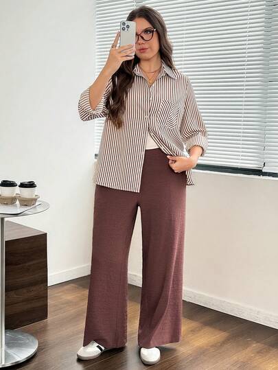 Comfylo Damen Große Größen Gestreiftes Einreiher Hemd mit Tasche und Hose Lässig 2 Stücke Set