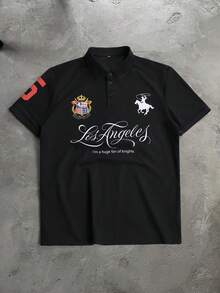 PAVTROS 男士字母印花短袖休閒 Polo 衫 - 黑色 - 查看 1