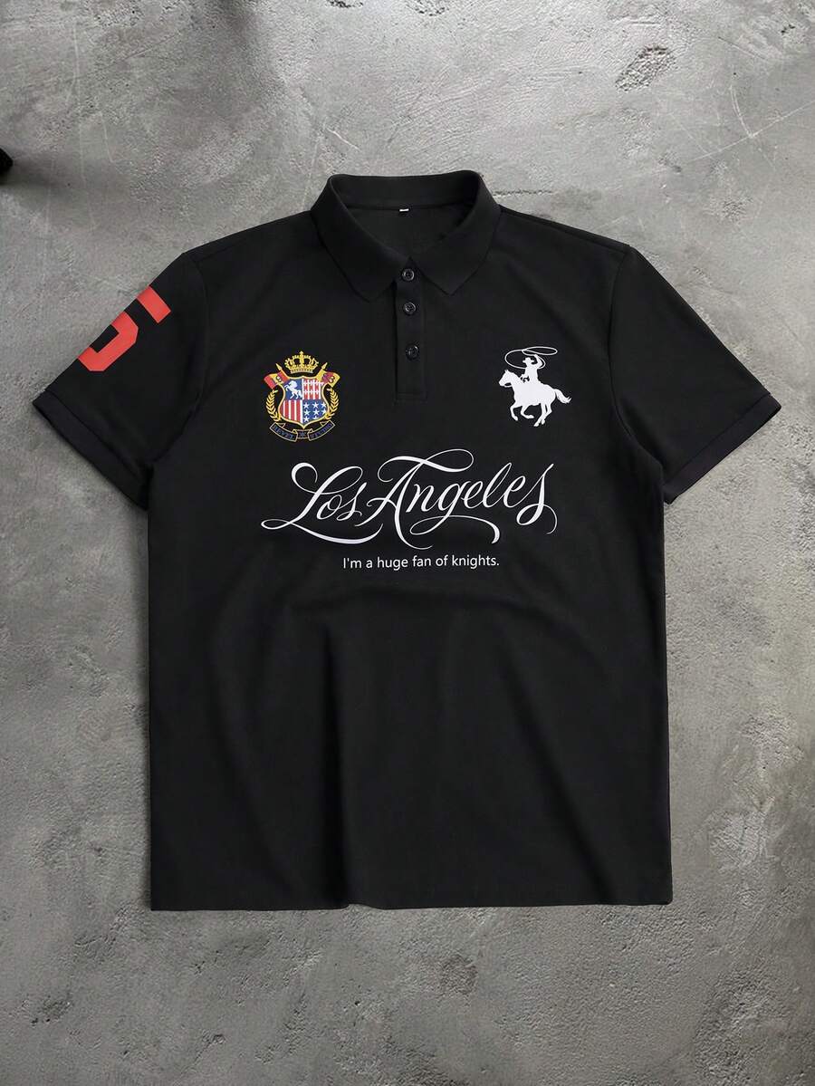 PAVTROS 男士字母印花短袖休閒 Polo 衫 - 黑色 - 查看 1