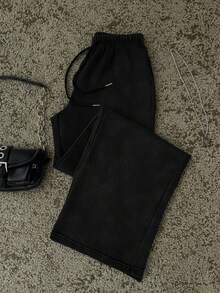 SHEIN PETITE CURVE 大尺碼休閒百搭抽繩腰寬鬆長褲，適合日常穿著 - 黑色 - 查看 5