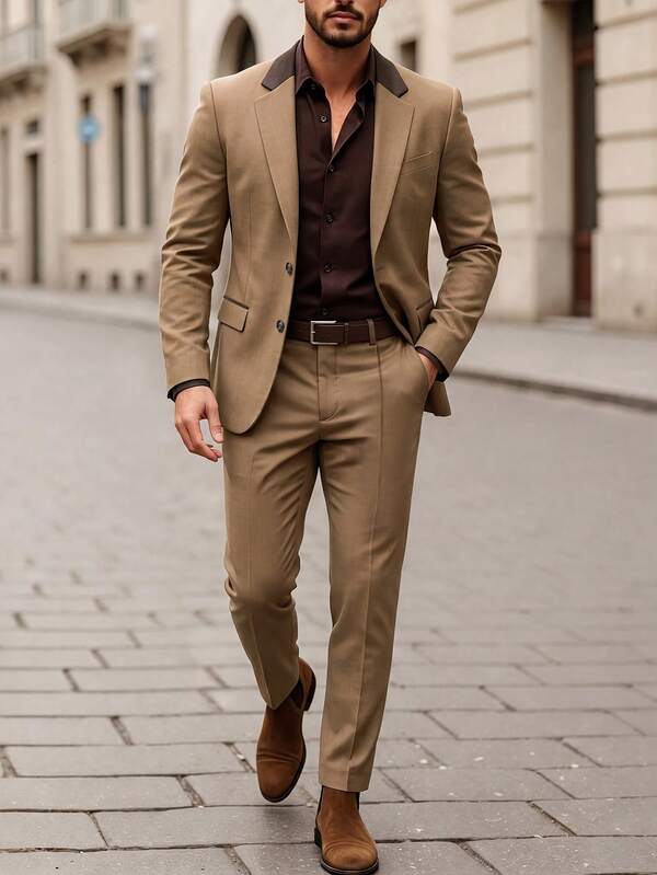 Manfinity Mode Men's Contrast Color Single-Breasted Long Sleeve Jacket And Pocket Trousers Casual Commute Suit Set