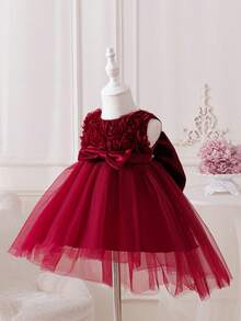 SHEIN Glamorique Kids 女嬰酒紅色薄紗3D花朵無袖洋裝，生日花童派對、婚禮公主風夏季保暖優雅造型 - 酒紅色 - 查看 1