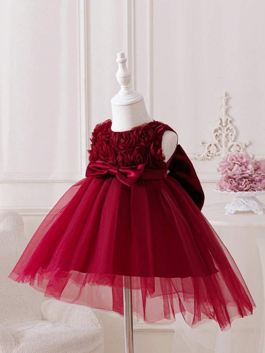 SHEIN Glamorique Kids 女嬰酒紅色薄紗3D花朵無袖洋裝,生日花童派對、婚禮公主風夏季保暖優雅造型 - 酒紅色 - 查看 1