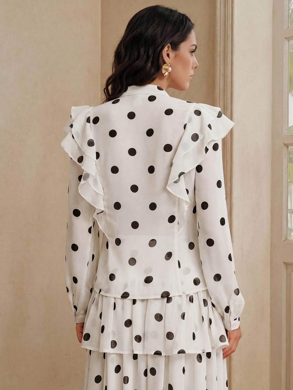 Anewsta Fashionable Elegant Retro Black Polka Dot Small Stand Collar Ruffle Long Sleeve Women's Blouse, Elegant Women's Blouses, Retro Black Polka Dots, White Blouse
