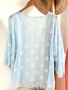 SHEIN PETITE Summer Ditsy Floral Sun Protection Chiffon Blouse - Baby Blue - View 2