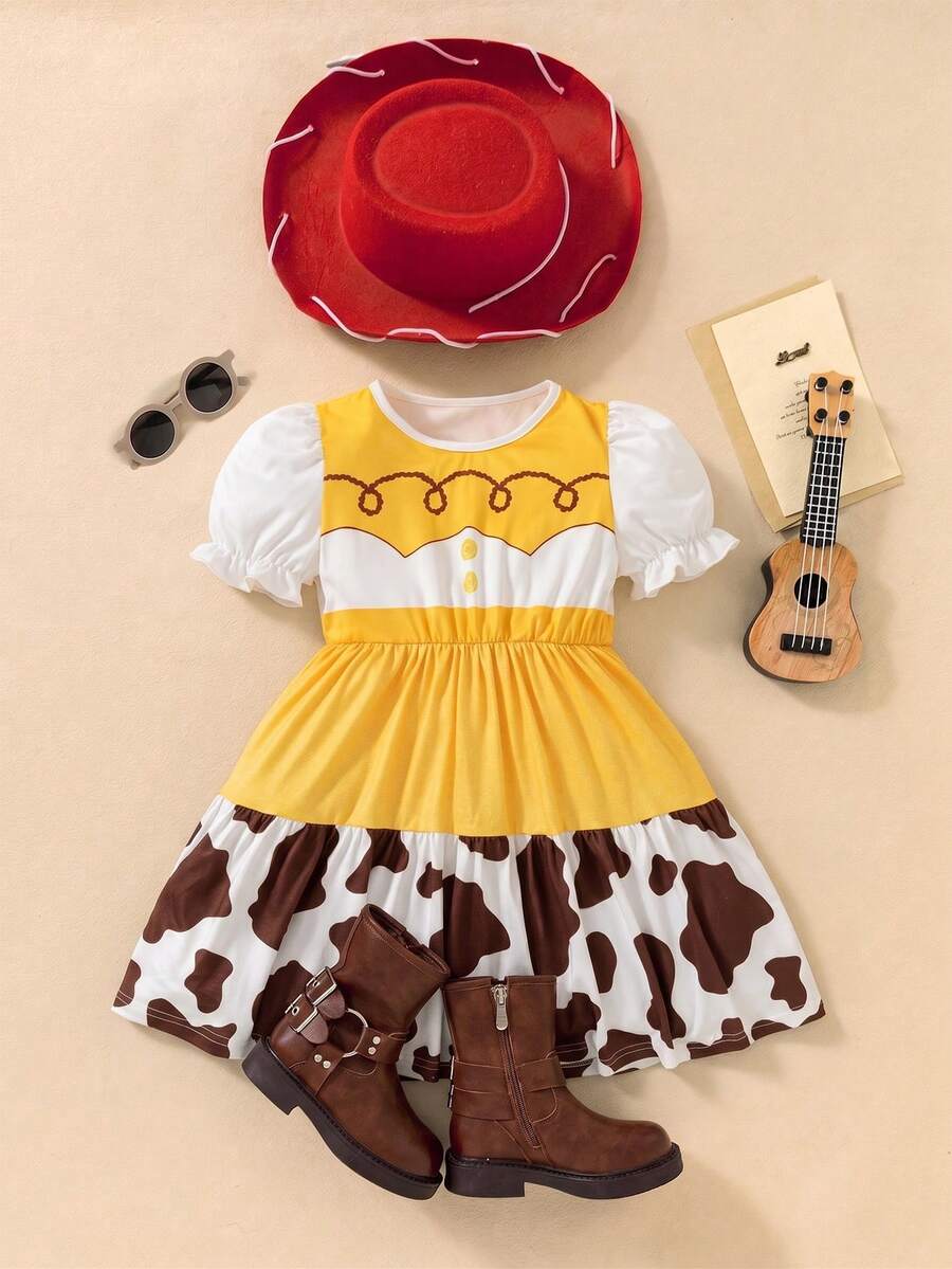 SHEIN Perso Play 女童西部牛仔風豹紋拼接色塊荷葉邊短袖洋裝,幼兒穿著 - 彩色 - 查看 1