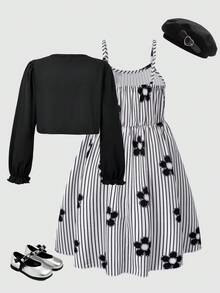 SHEIN 2件組青少年女孩黑色返校條紋喇叭袖上衣與細肩帶洋裝套裝，聚酯纖維 - 黑色 - 查看 2