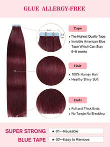 20 piezas de extensiones de cabello humano recto color 99J de 14-22 pulgadas, 50G de extensiones de cabello Remy color borgoña para disfraces de Halloween - S99J - Ver 4