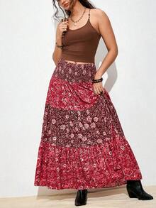 Nubod Plus Size Patchwork Waist Floral Print Casual Vacation Skirt For Women - Multicolor - View 4