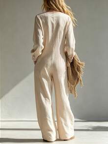 LUMIGAL Ladies Woven Holiday Casual Fall Long Jumpsuit - Apricot - View 3
