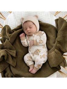 SHEIN Newborn Baby Girl Casual Cute Knitted Cartoon Pattern Long Sleeve Home Wear Romper - Apricot - View 12