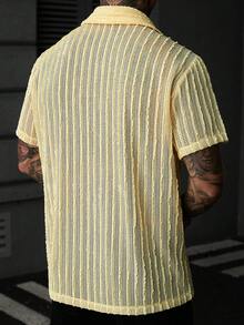 SLATEMANN Men's Solid Color Knit Jacquard Striped Textured Soft Summer Thin Loose Casual Vacation Short Sleeve Shirt - Yellow - View 2
