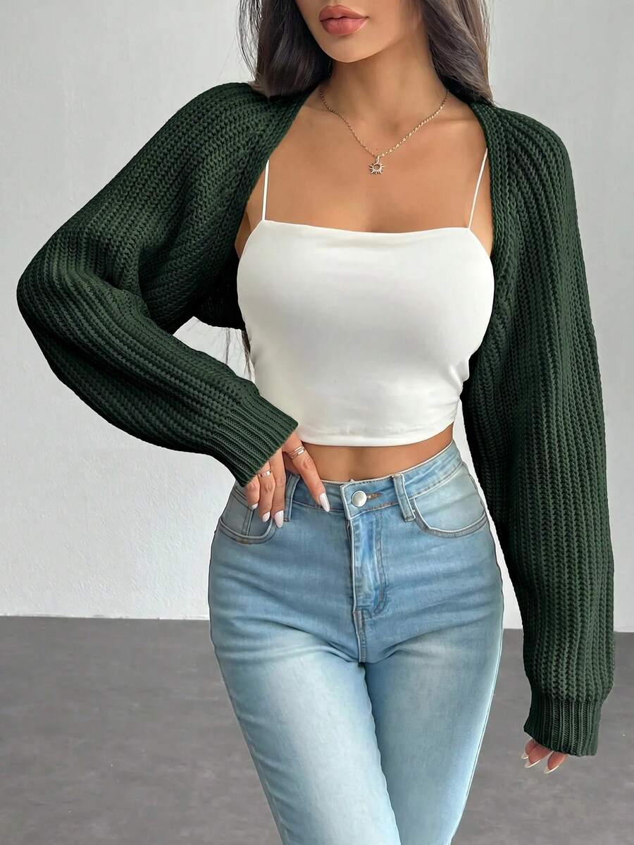 SHEIN PETITE كارديجان نسائي بلون موحد وأكمام طويلة كاجوال - أخضر عسكري - مشاهدة 1