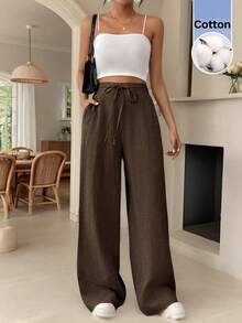 SHEIN Frenchy Casual Versatile Solid Color Loose Fit Long Pants Vacation Dark Brown Autumn - Brown - View 1
