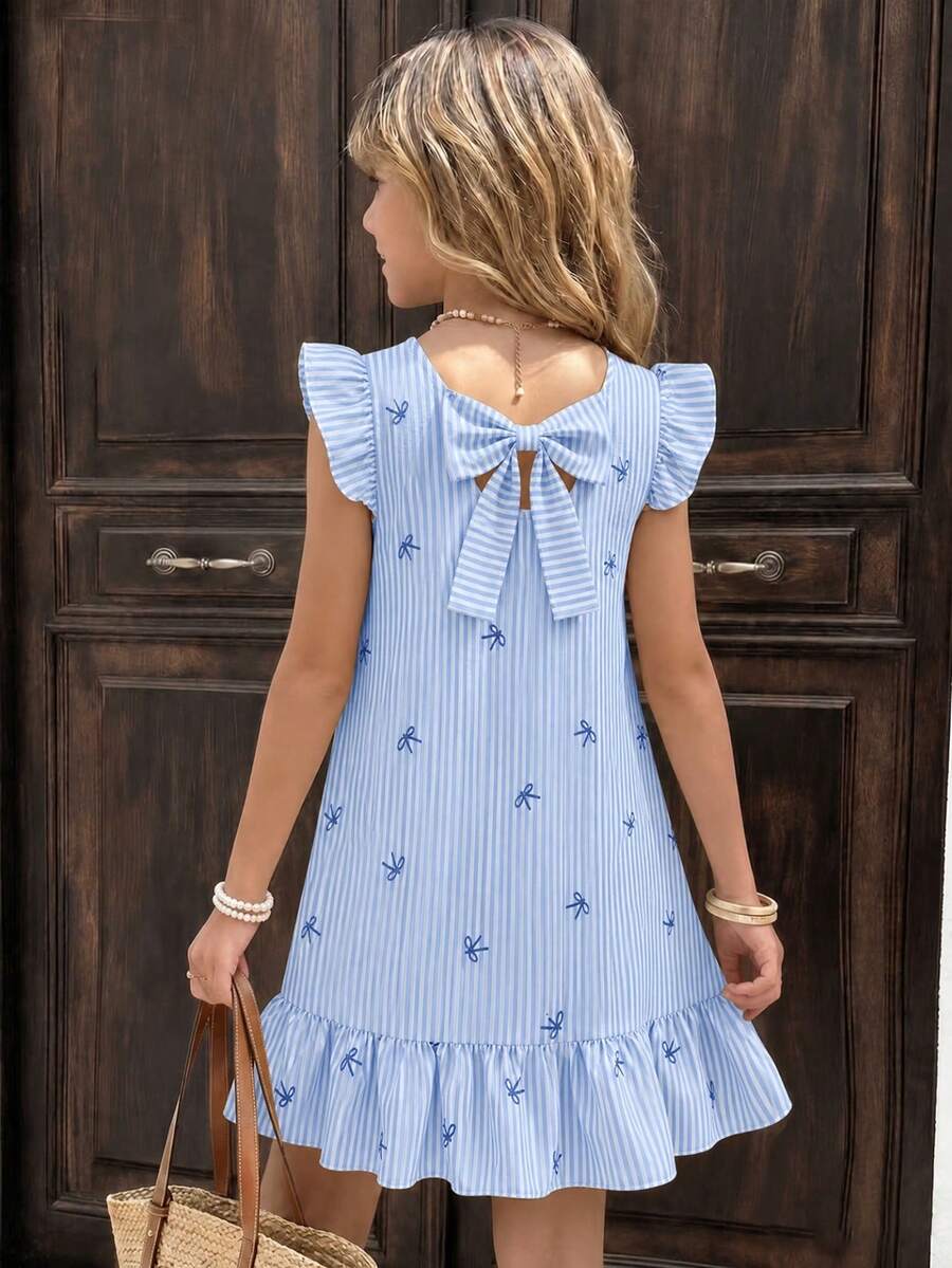 SHEIN Sparklyn 少女春/夏季度假海灘熱帶風 3D蝴蝶結圓領無袖荷葉飛袖甜美春季風中長洋裝 - 藍色 - 查看 1
