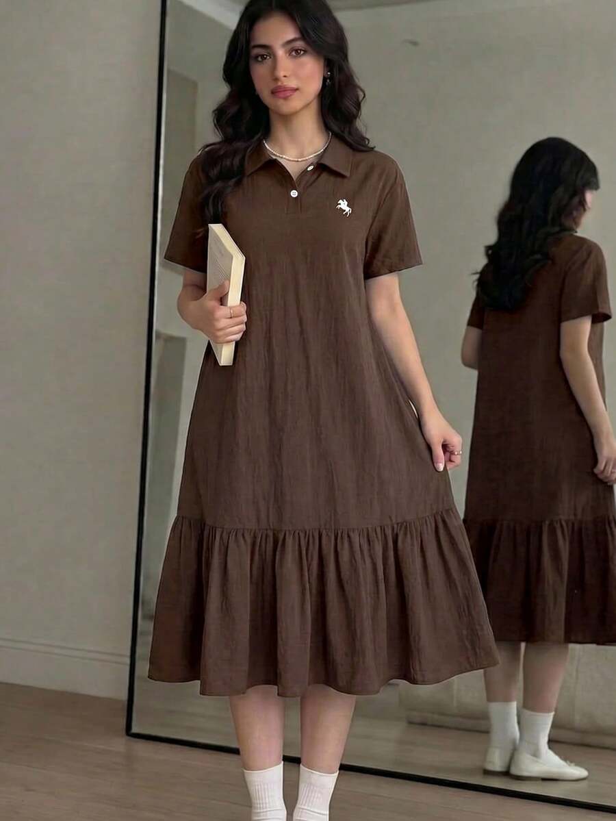 Teen Girl Brown Polo Collar Embroidered Pattern Ruffle Hem Casual Dress, School Uniform Style, Suitable For School, Outdoor Activities, Shopping, Daily Wear KIDS - Brown - View 1