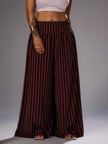 Rustia Plus Size Casual Striped Wide Leg Pants Fall - Brown - View 1