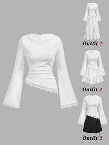 SHEIN MOD 女款優雅純色蕾絲拼接不對稱下擺喇叭袖T恤 - 白色 - 查看 5