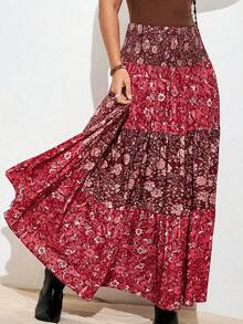 Nubod Plus Size Patchwork Waist Floral Print Casual Vacation Skirt For Women - Multicolor - View 1