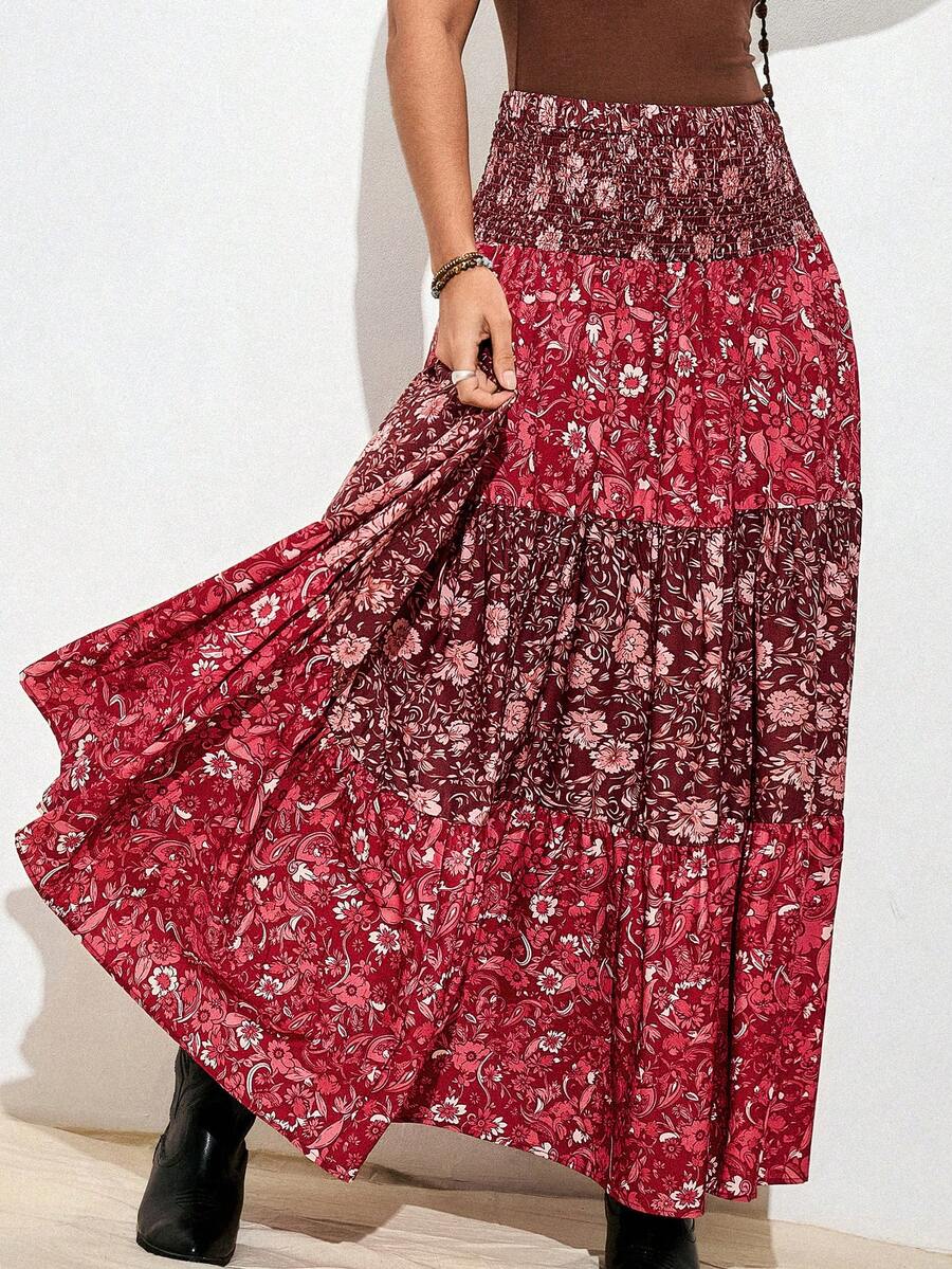 Nubod Plus Size Patchwork Waist Floral Print Casual Vacation Skirt For Women - Multicolor - View 1