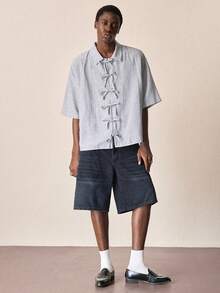 ROMWE MEN Casual 男士休閒百搭日常旅行牛仔短褲，附口袋與鈕扣雙層腰帶 - 藍色 - 查看 7