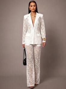Silquee Elegant Solid Color Lace Blazer - White - View 4