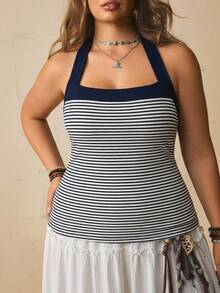 Levarali Women's American Retro Style Casual Tropical Navy Blue Ribbed Knit Camisole - Fitted Sleeveless Top Vacation Summer Formal - Navy Blue - View 3
