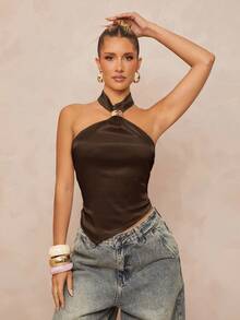 Lumalex Metal Decor Backless Hanging Ribbon Satin Top For Women - Brown - View 4