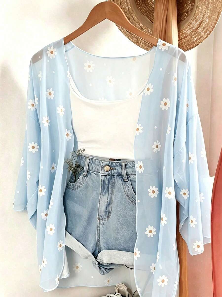 SHEIN PETITE Summer Ditsy Floral Sun Protection Chiffon Blouse - Baby Blue - View 1