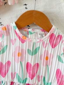 SHEIN 女嬰圓領花卉印花無袖T恤與長褲休閒日常套裝 - 玫紅色 - 查看 6